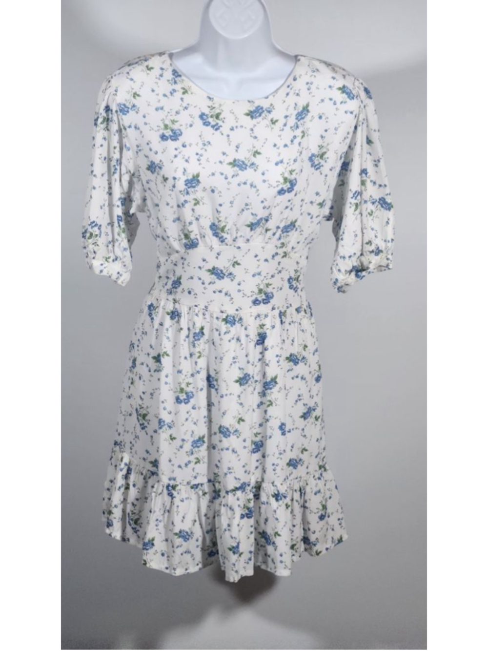 Faithfull The Brand Floral Mini Dress M 6 White Blue Puff Sleeve Lined NWOT⁸ - Picture 3 of 8